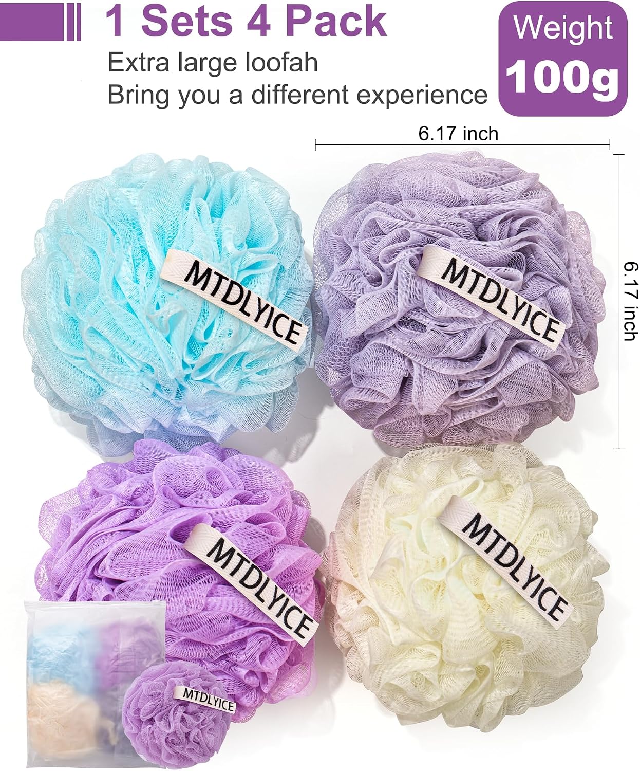 MTDLYICE Loofah Sponge, XXL Large Loofah 100g 4 Pack, Bath Sponge Soft Mesh Shower Loofah for Men, Body Scrub, Shower Pouf Bath Accessories, for Body Wash, Soap (Blue Gray)