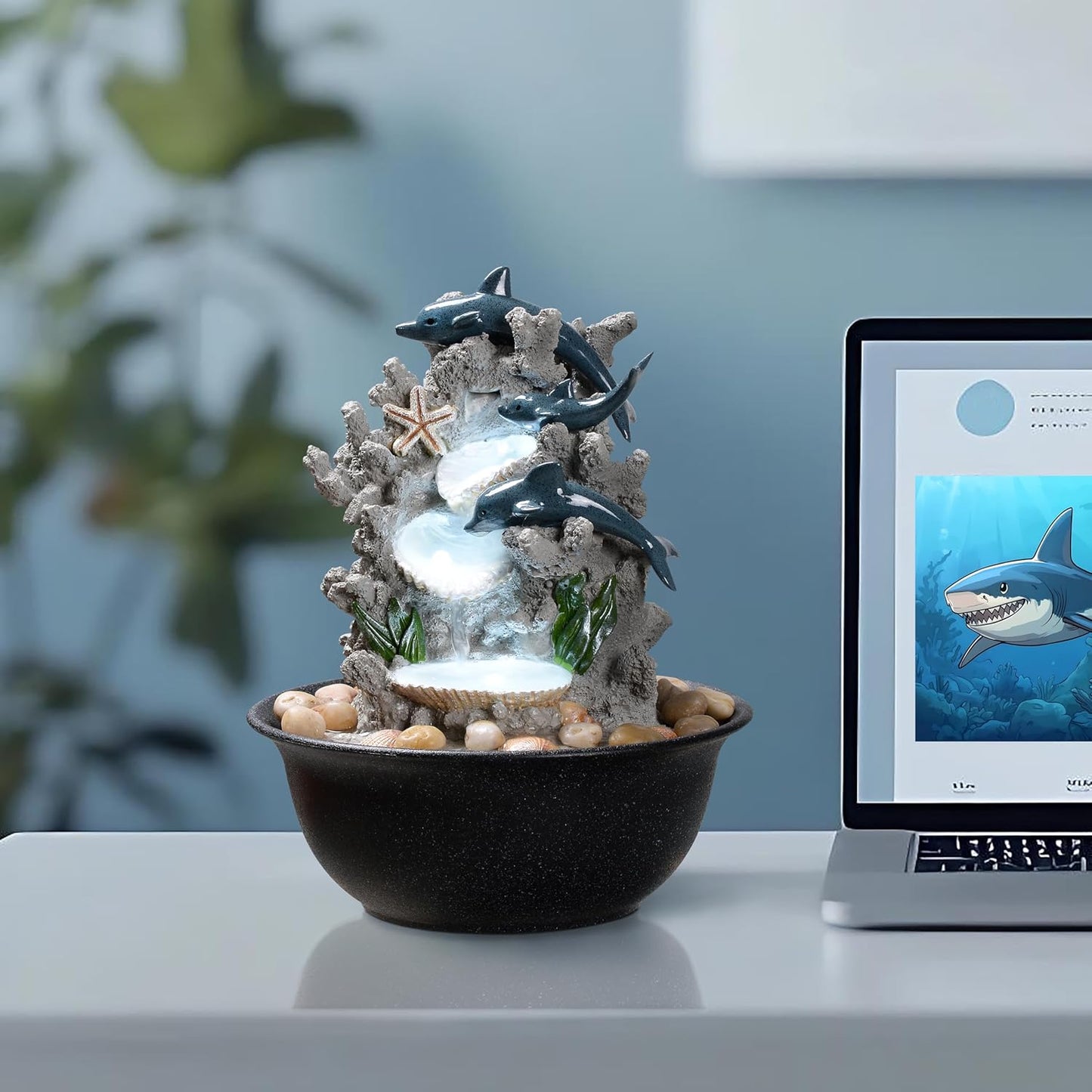 Indoor Tabletop Dolphin Water Fountain with LED Light – Ocean Theme Desk Decor and River Rocks, Relaxing Sound Machine for Sleep & Office, Zen Home Décor Gift for Women, Living Room Decoration