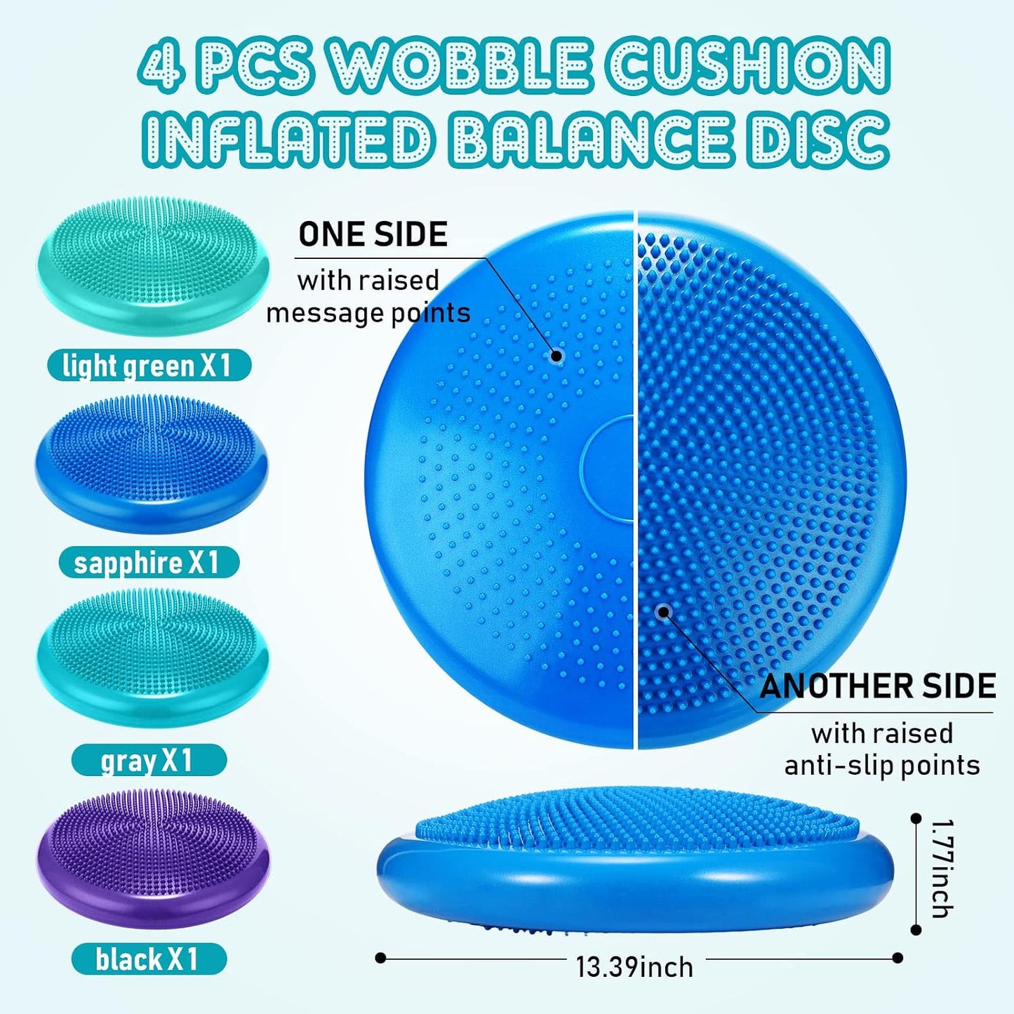 Sotiff 4 Pcs Inflated Wobble Cushion Wiggle Seat for Sensory Kids Flexible Seat for Classroom Wobble Disc with Inflation Pump Stability Balance Board for Adult Physical Therapy Exercise