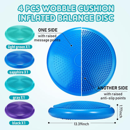 Sotiff 4 Pcs Inflated Wobble Cushion Wiggle Seat for Sensory Kids Flexible Seat for Classroom Wobble Disc with Inflation Pump Stability Balance Board for Adult Physical Therapy Exercise
