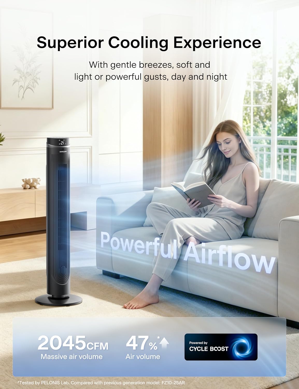PELONIS 40 inch Bladeless Tower Fan for Bedroom, Standing Fan with Remote Control, 26ft/s, 90° Oscillation, 3 Speed Settings, 27dB, 3 Modes, 15-Hour Timer, LED Display, Fan that Blows Cold Air, White