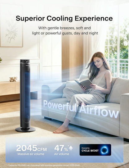 PELONIS 40 inch Bladeless Tower Fan for Bedroom, Standing Fan with Remote Control, 26ft/s, 90° Oscillation, 3 Speed Settings, 27dB, 3 Modes, 15-Hour Timer, LED Display, Fan that Blows Cold Air, White