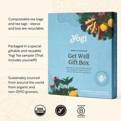 Yogi Organic Sampler Gift Box-5 Tea Bags per Flavor (45 Tea Bags)-Delicious Wellness Immunity Teas-9 Herbal Teas-Caffeine-Free Tea Variety Pack-Tea Gift Set