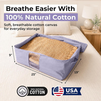 Soft Canvas Storage Bags with Zipper. Thick Breathable, 2pc King/Queen Comforter Organizer. Four Carrying Handles and Window. Large 25x19x9in Bag for Sheets Blankets Bedding Pillows, Clothes