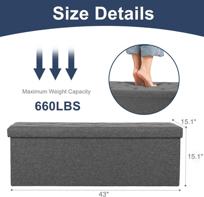 DUMOS 43 Inch Folding Storage Ottoman Bench, Large Hidden Storage Chest with Thicker Foam Padded Seat, End of Bed Foot Rest Stool for Bedroom Living Room Entryway, Load 660 lbs, Grey