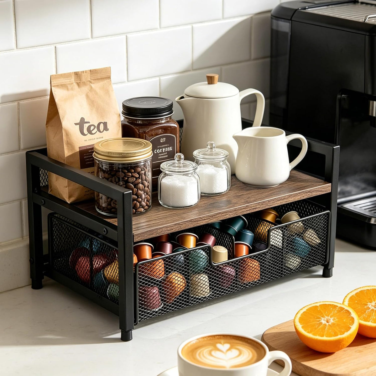 2 Tier Tea Bag Organizer - 8 Drawer Sliding Tea Box Organizer, Tea Bar Accessories Organizer for Countertop, Bar Station, Kitchen (Rustic Brown)