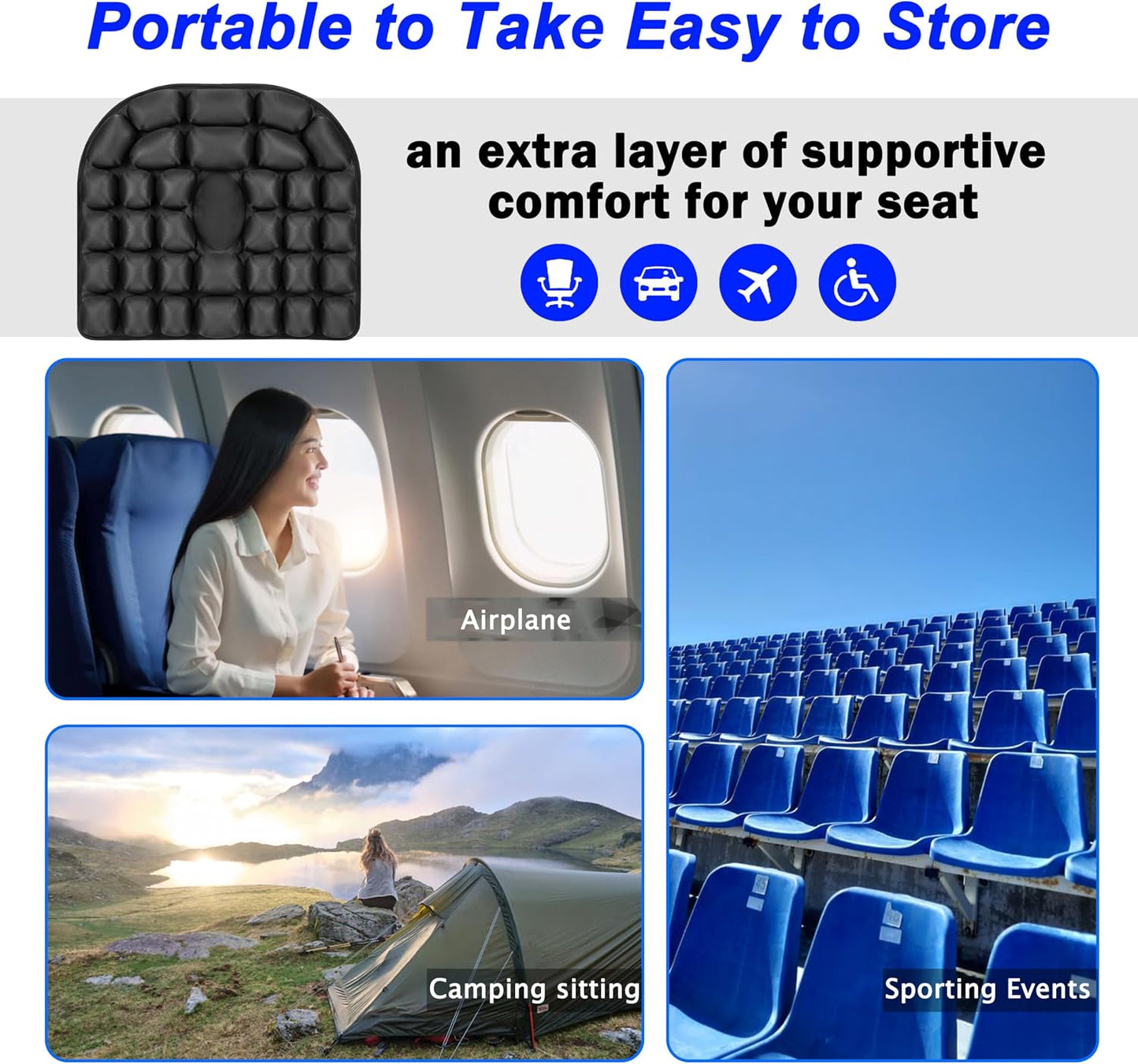 Travel Cushion for Airplane,Portable&Adjustable Air Seat Cushion,Inflatable Cushion for Travel,Coccyx Tailbone Pain Relief Chair Pad