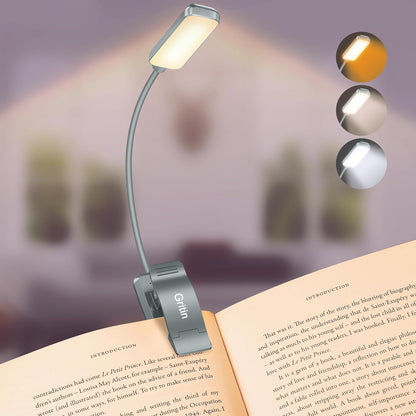 Gritin 9 LED Rechargeable Book Light for Reading in Bed | Eye Caring 3 Color Temps,Stepless Dimming Brightness,80 Hrs Runtime Small Lightweight Clip On Book Reading Light for Studying