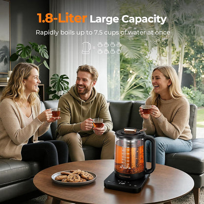 Narcissus Electric Kettle Temperature Control ±5℉, 1.8L Glass Electric Tea Kettle with Removable Infuser for Flowers & Fruit Tea, 1200W Fast Boiling, 6 Hours Keep Warming, Black