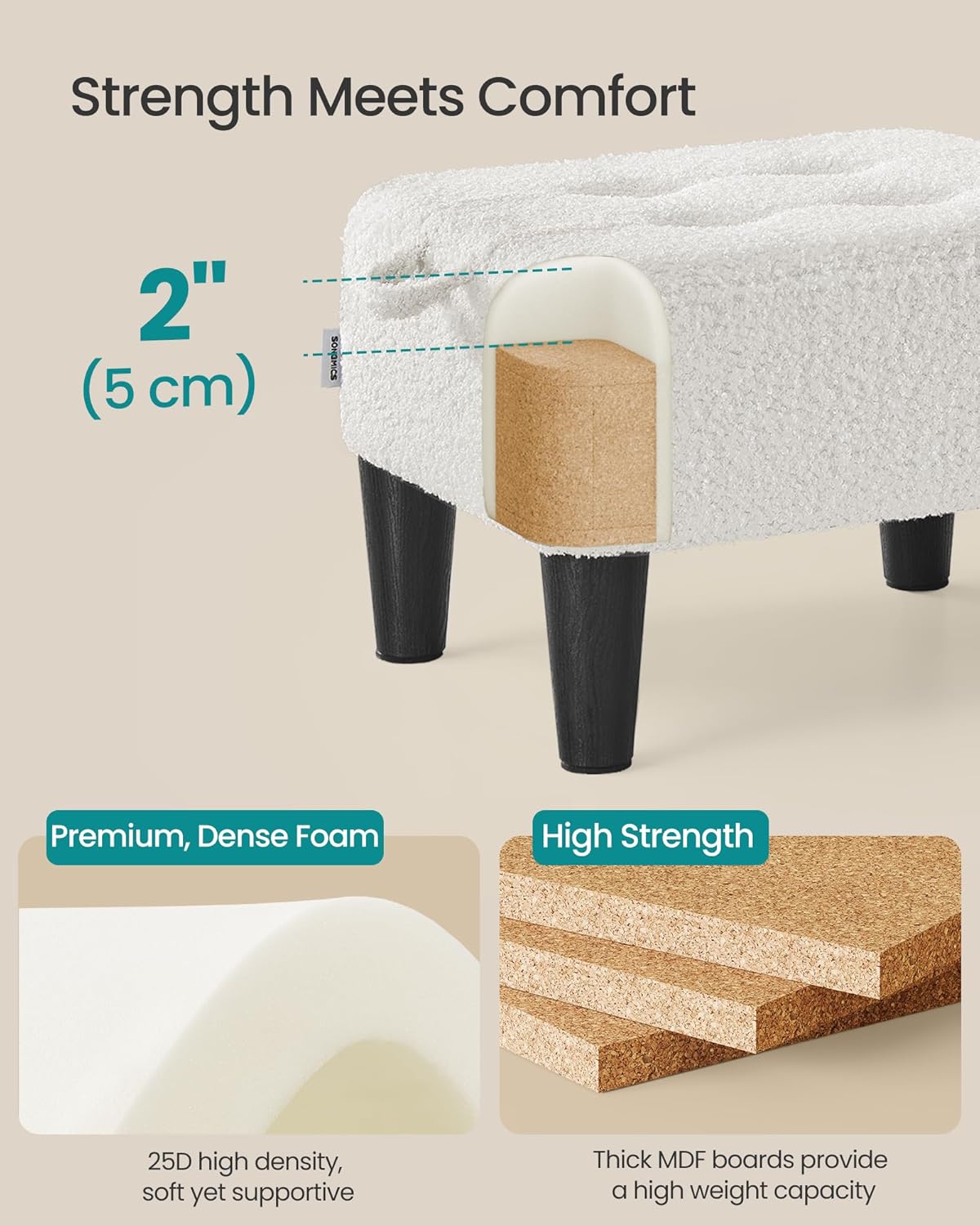 SONGMICS Foot Stool with Legs, Small Footstool Ottoman, Linen-Look Fabric Seat with Thick Cushion, for Living Room, Bedroom, Entryway, 330 lb Weight Capacity, Dark Gray ULOM502G01