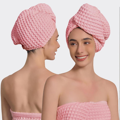Luxury Organic Japanese Cotton Hair Drying Waffle Towel Wrap for Women | Absorbent, Quick-Dry Head Turban for Shower, Sauna, Spa | Extra Large for Long, Curly, Straight Hair With Button (White, 1 Pc)