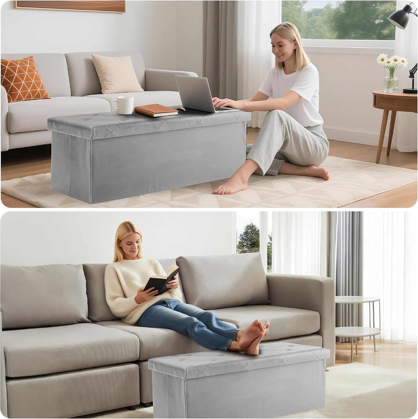 DUMOS 43 Inch Folding Storage Ottoman Bench, Large Hidden Storage Chest with Thicker Foam Padded Seat, End of Bed Foot Rest Stool for Bedroom Living Room Entryway, Load 660 lbs, Grey