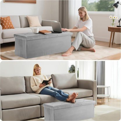 DUMOS 43 Inch Folding Storage Ottoman Bench, Large Hidden Storage Chest with Thicker Foam Padded Seat, End of Bed Foot Rest Stool for Bedroom Living Room Entryway, Load 660 lbs, Grey