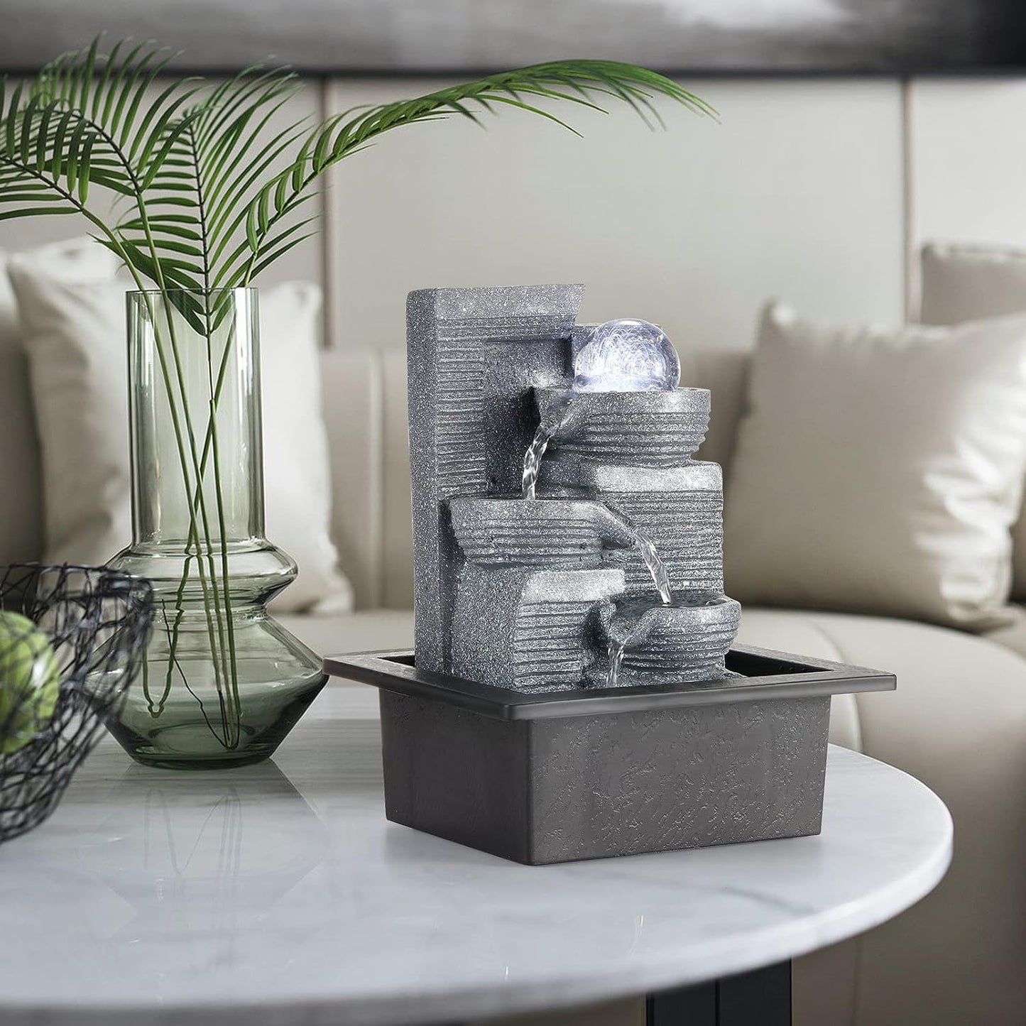 WICHEMI Indoor Fountain Tabletop Fountain Waterfall Fountains Stacked Rocks | Desktop Fountain With LED Light, Soothing Sound, Stress Relief, Humidifies Air, No Plumbing, Easy Setup, 11.8"X8.7"X5.9"