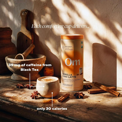 OM MUSHROOM SUPERFOOD Matcha Latte Blend – Green Tea Mushroom Powder with Lion’s Mane, Reishi, Chaga & Turkey Tail – Focus, Calm & Stress Support – 8.47 oz Canister (30 Servings)