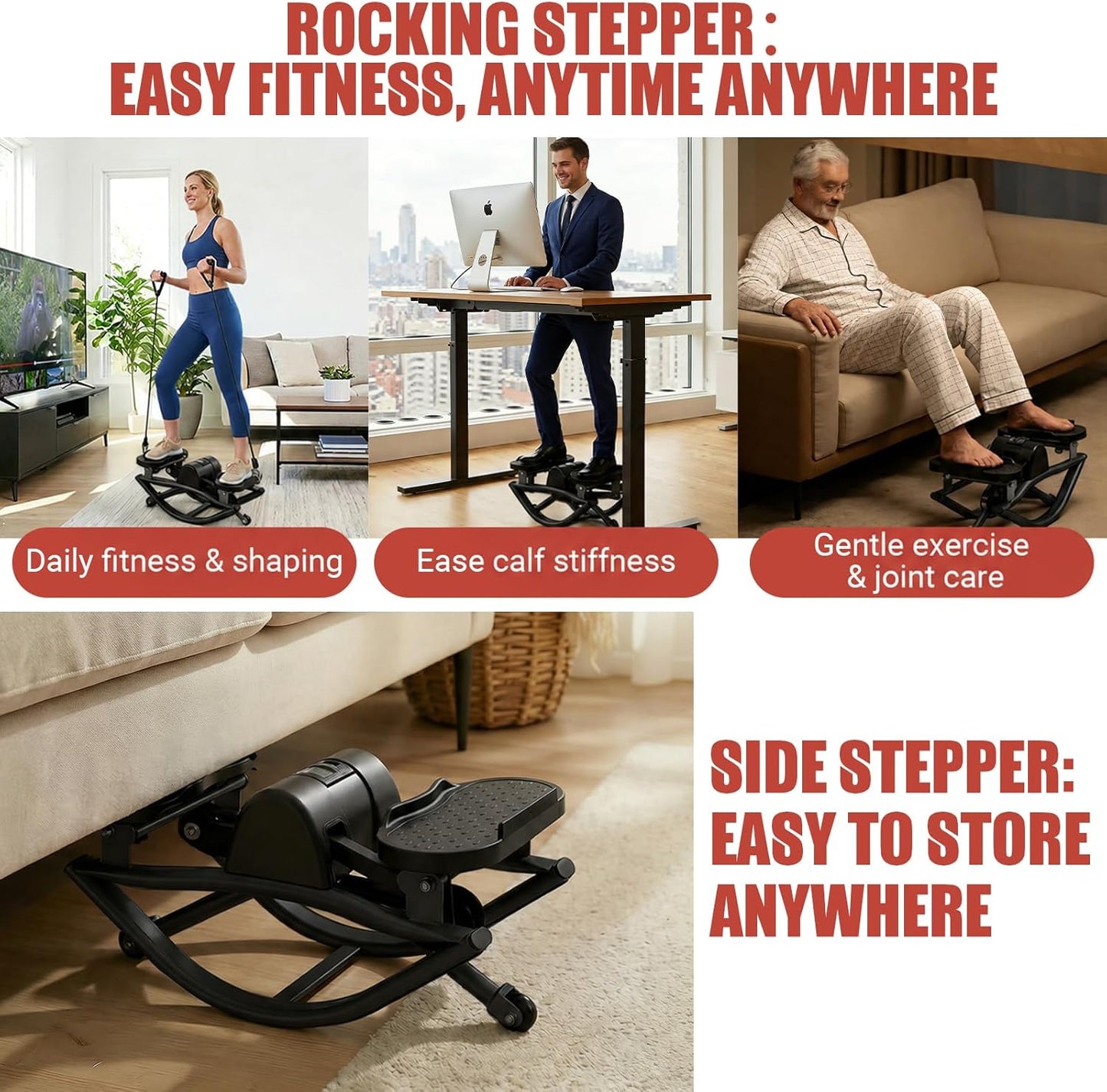 Rock Stepper for Exercise at Home, Rocking Stepper Side to Side with Resistance Bands & Digital Display, 300 LBS Capacity Full Body Workout Low-Impact Knee-Friendly Anti-Slip Side Stepper
