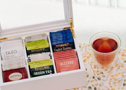 Break Tradition Wooden Tea Organizer For Tea Bags - 6 Compartments, Clear Top Window, Lid Stays Open (Black)