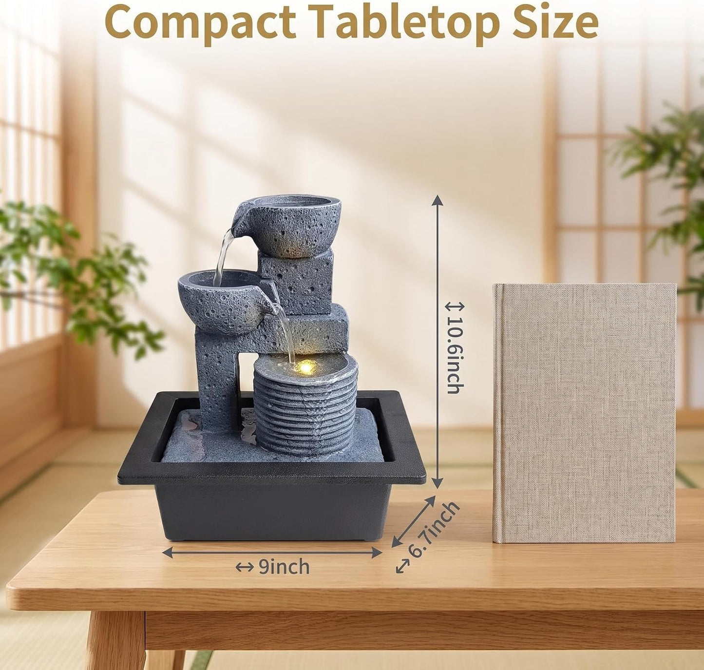 Tabletop Water Fountains, 10.6" Indoor Waterfall with Relaxing Warm Lights & Quiet Pump, Small Soothing Sound Machine, Feng Shui Decor for Good Luck, Relaxation & Meditation