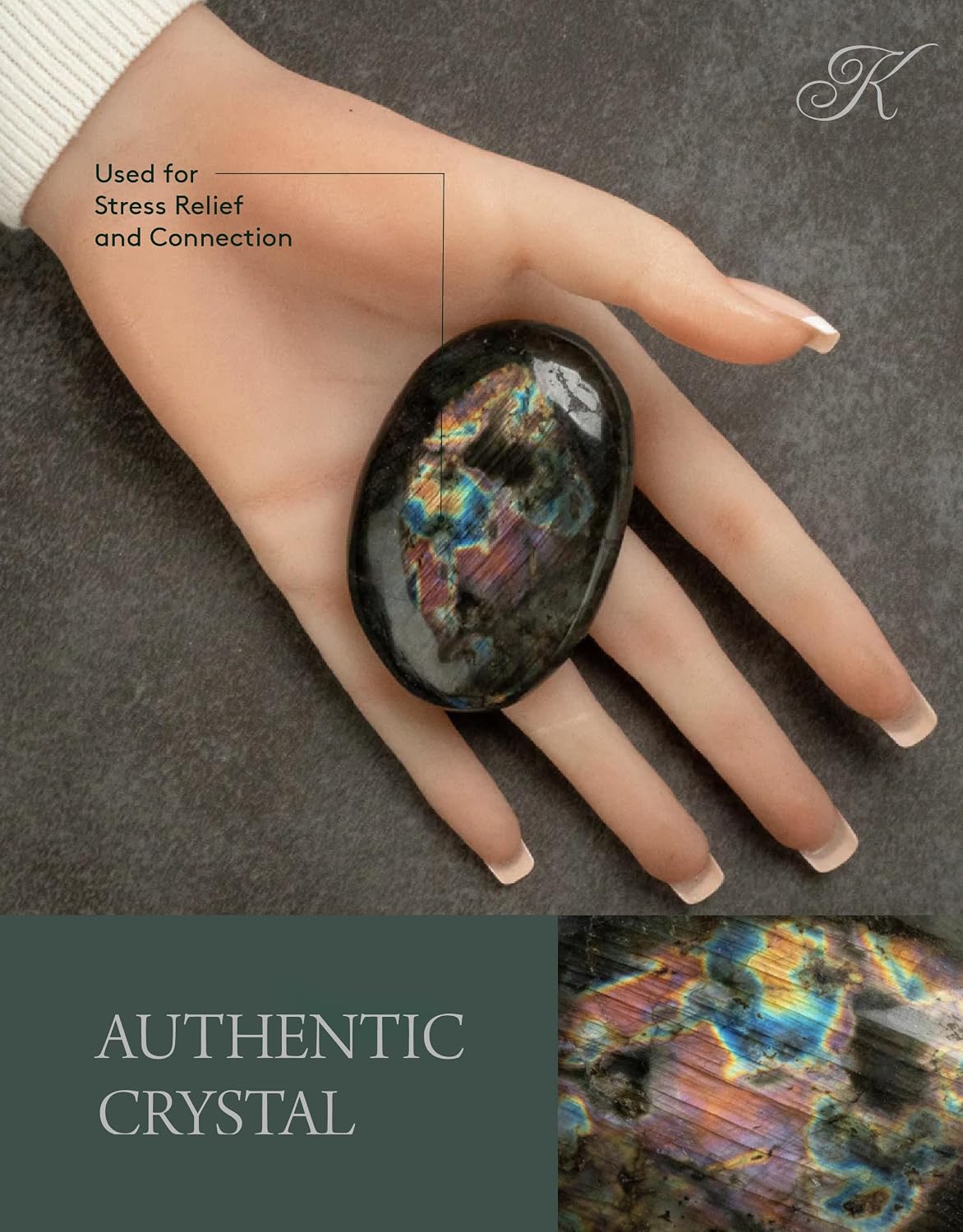 KALIFANO Palm Stone with Healing & Calming Effects - AAA+ Grade High Energy Worry Stone with Information Card - Reiki Crystal Used for Courage (Family Owned and Operated)