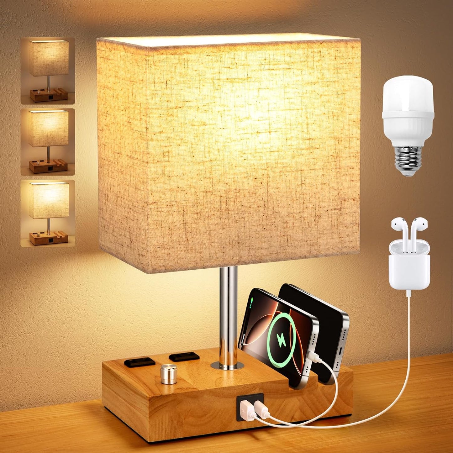 Kakanuo Fully Dimmable Nightstand Lamp for Bedroom with USB C Ports, Grey Small Bedside Table Lamp with Charging Outlets and Phone Stands, Wooden Desk Lamp for Living Room, LED Bulb Included