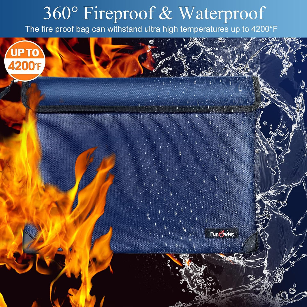 Fireproof Waterproof Money Document Bag, 13.9"x10.6", Blue