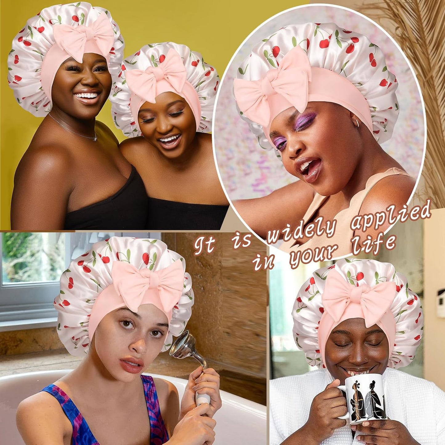 Satin Bonnet for Sleeping Cap Double Layer Hair Bonnet with Elastic Tie Band for Curly Hair Night Cap (Bean Paste + Pink)