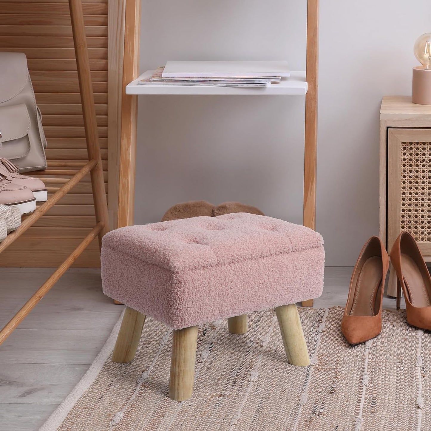 OGEMXU Storage Ottoman, Small Foot Stool Ottoman with Storage, Boucle Teddy Velvet Foot Rest with Padded Seat, Sturdy Wood Legs Stool for Living Room, Bedroom, Couch, Enterway (Cream)
