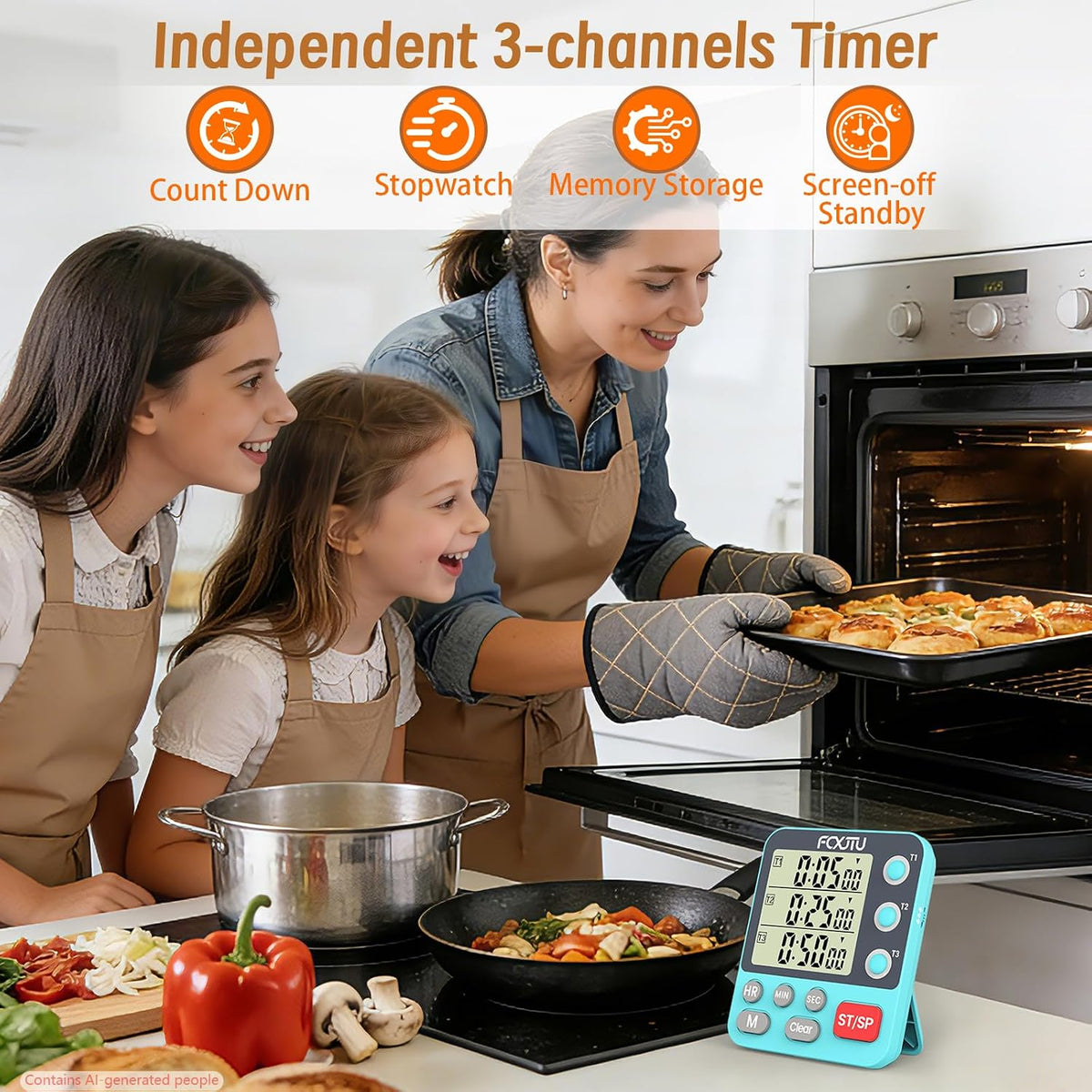 Digital Dual Kitchen Timer, 3-Channel Magnetic Countdown Timer for Cooking