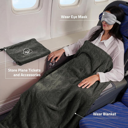 Travel Blanket Pillow,Airplane Blanket Compact with Bag Eye Mask, Ultra-Soft,Warm & Lightweight Included,Travel Essentials for Women & Men, Luggage Sleeve & Backpack Clip 65x40 in, Grey