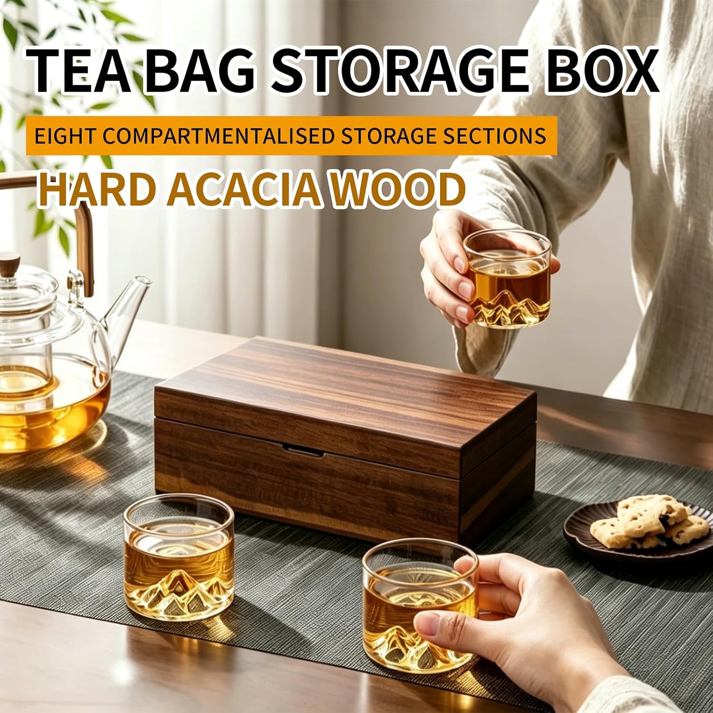 Acacia Wooden Tea Bag Organizer with Magnetic Lid, 8 Adjustable Compartments Wooden Tea Box for Tea Bags, Countertop Storage Holder