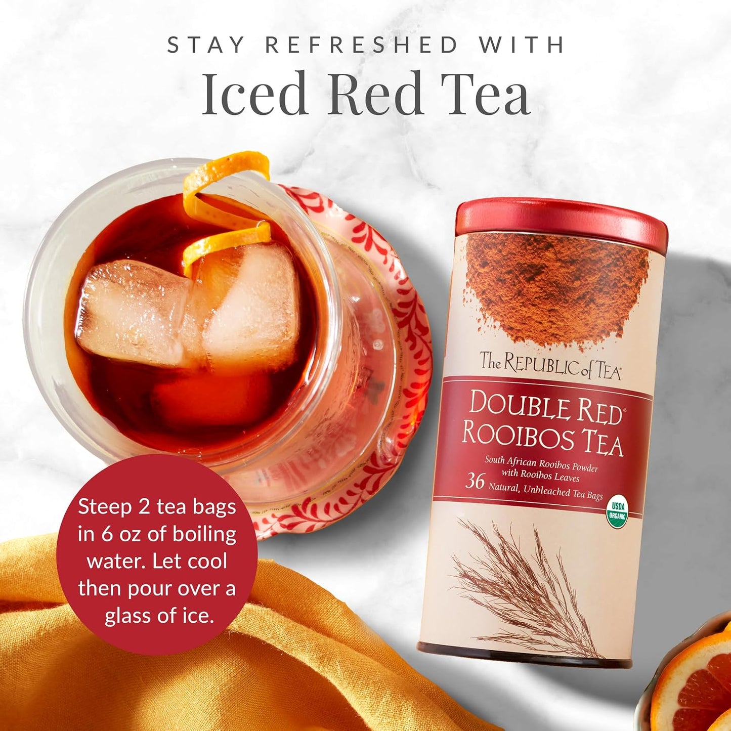 The Republic of Tea – Organic Double Red Rooibos, Naturally Caffeine-Free Rooibos Powder and Leaves, Steeps 36 Cups