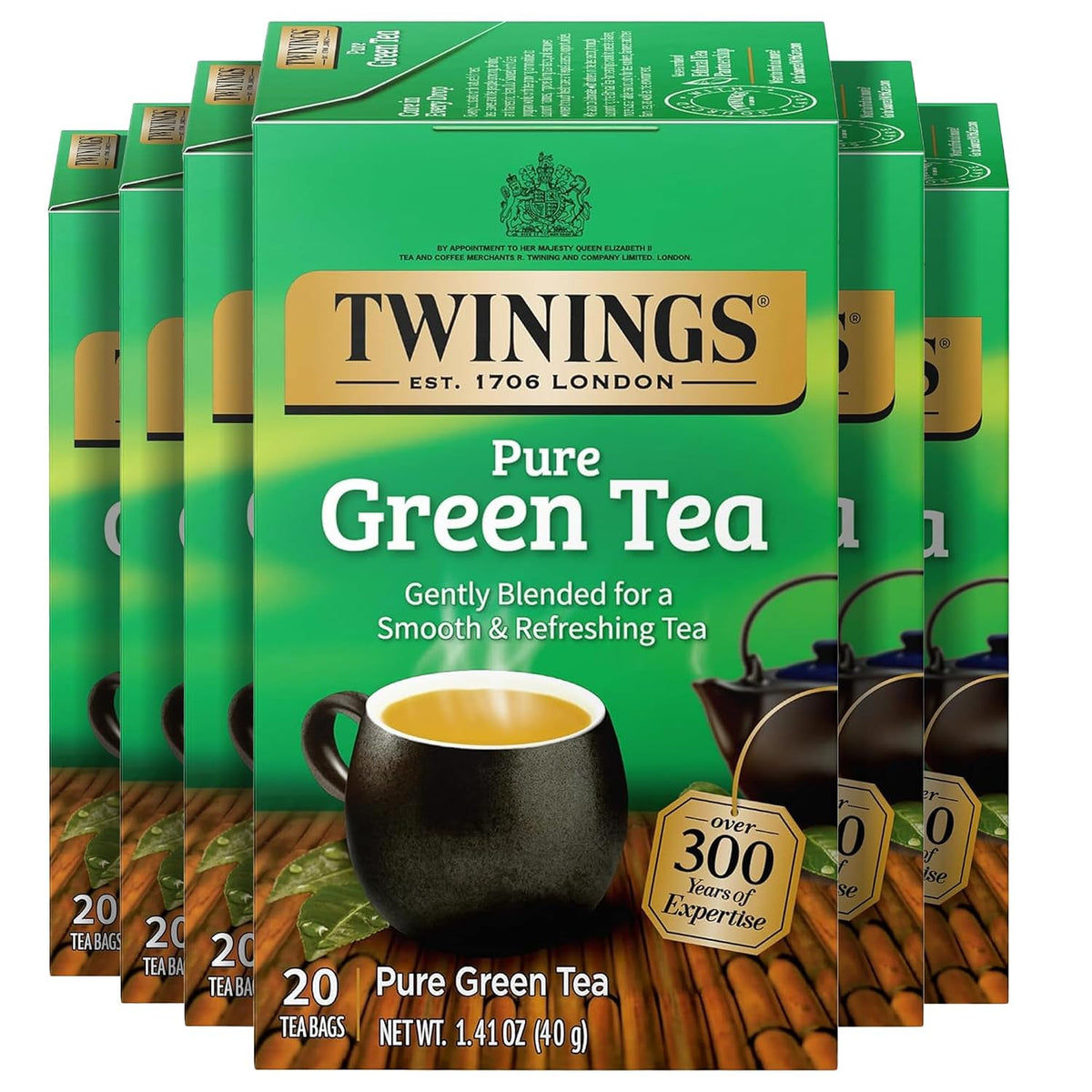 Twinings Pure Green Tea, Caffeinated, Tea Bags, 20 CT Box (6 Pack)