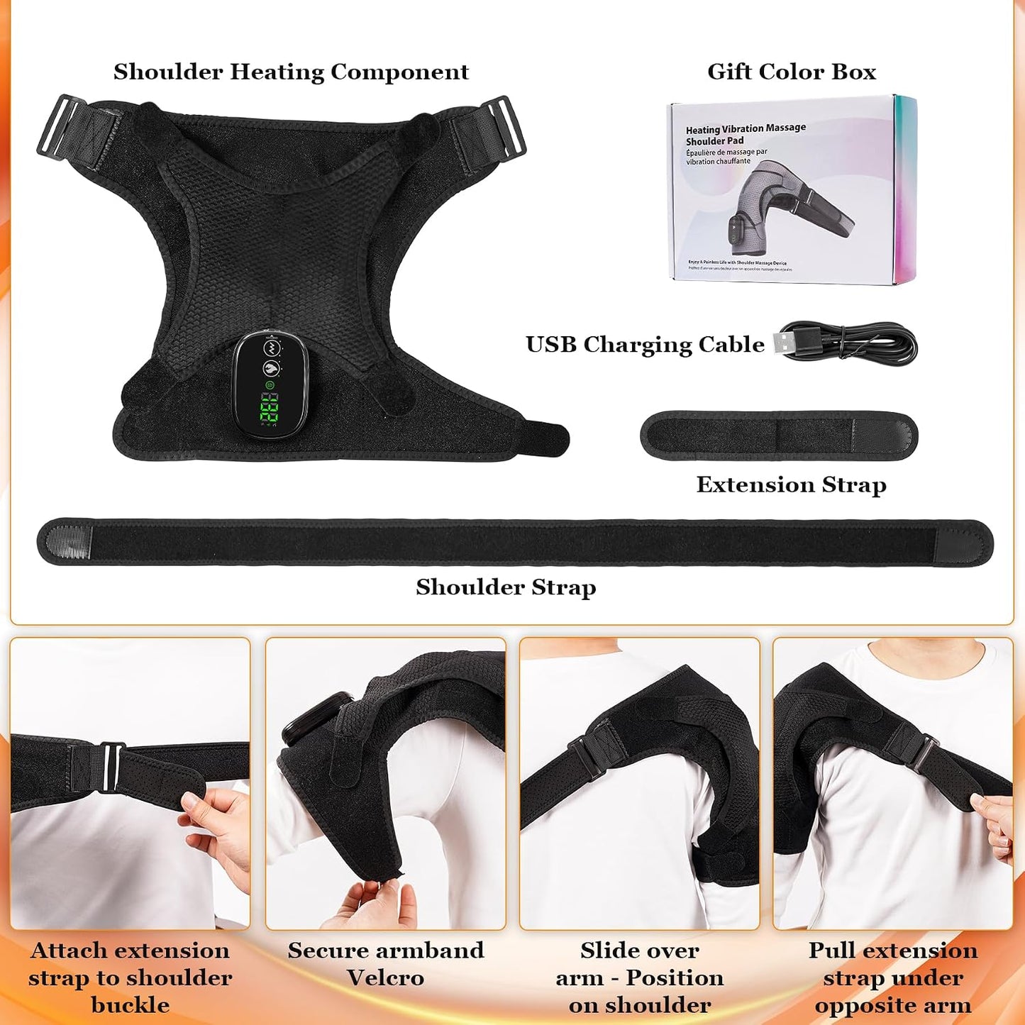 Cordless Shoulder Heating Pad & Massager, Electric Heated Shoulder Brace Wrap, Heating Pads for Rotator Cuff and Frozen Pain Relief,5000mAh Chargeable Powered, Men & Women(Black)