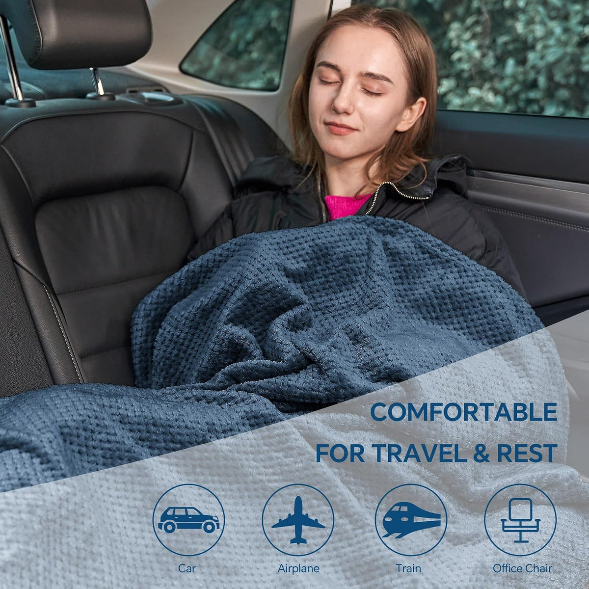 BEDELITE Travel Blanket with Bag, Jacquard Fleece Blanket 65"x40", Blue