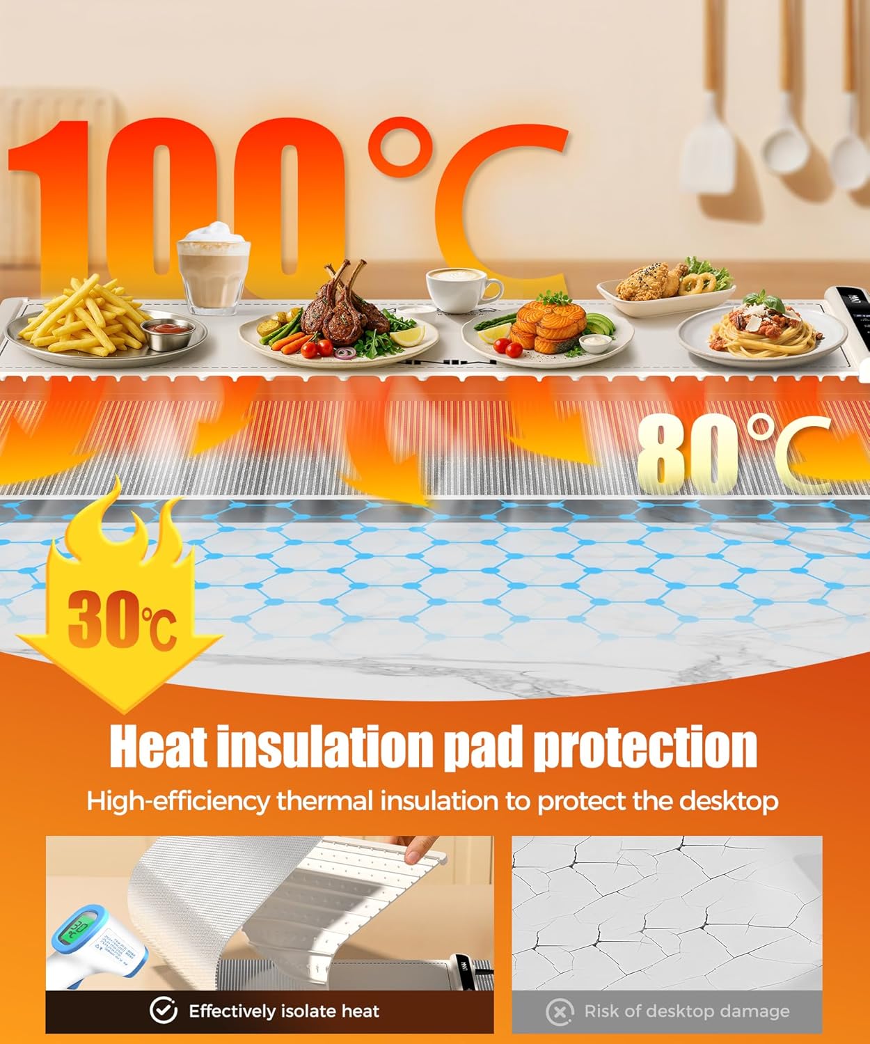 Food Warming Mat with Heat-Resistant Pad, 26X15 Inch, 6 Temperature & 6 Timer Settings, Child Lock Safety,Food Warmer Chafing Dishes for Buffet,Gatherings,Parties,Everyday Use