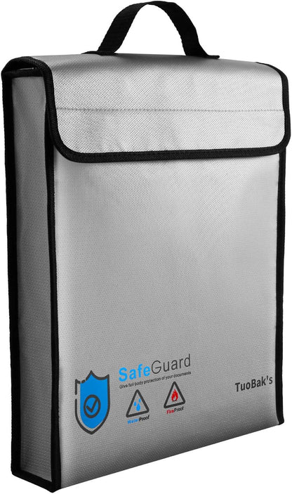 TuoBak's Fireproof Waterproof Document Bag with Zipper,Heat Insulated Upgraded Fireproof Document Bag 15.8”x 12.6”×2.5” for Important Document Storage Organizer for Valuables, Legal Documents Safe