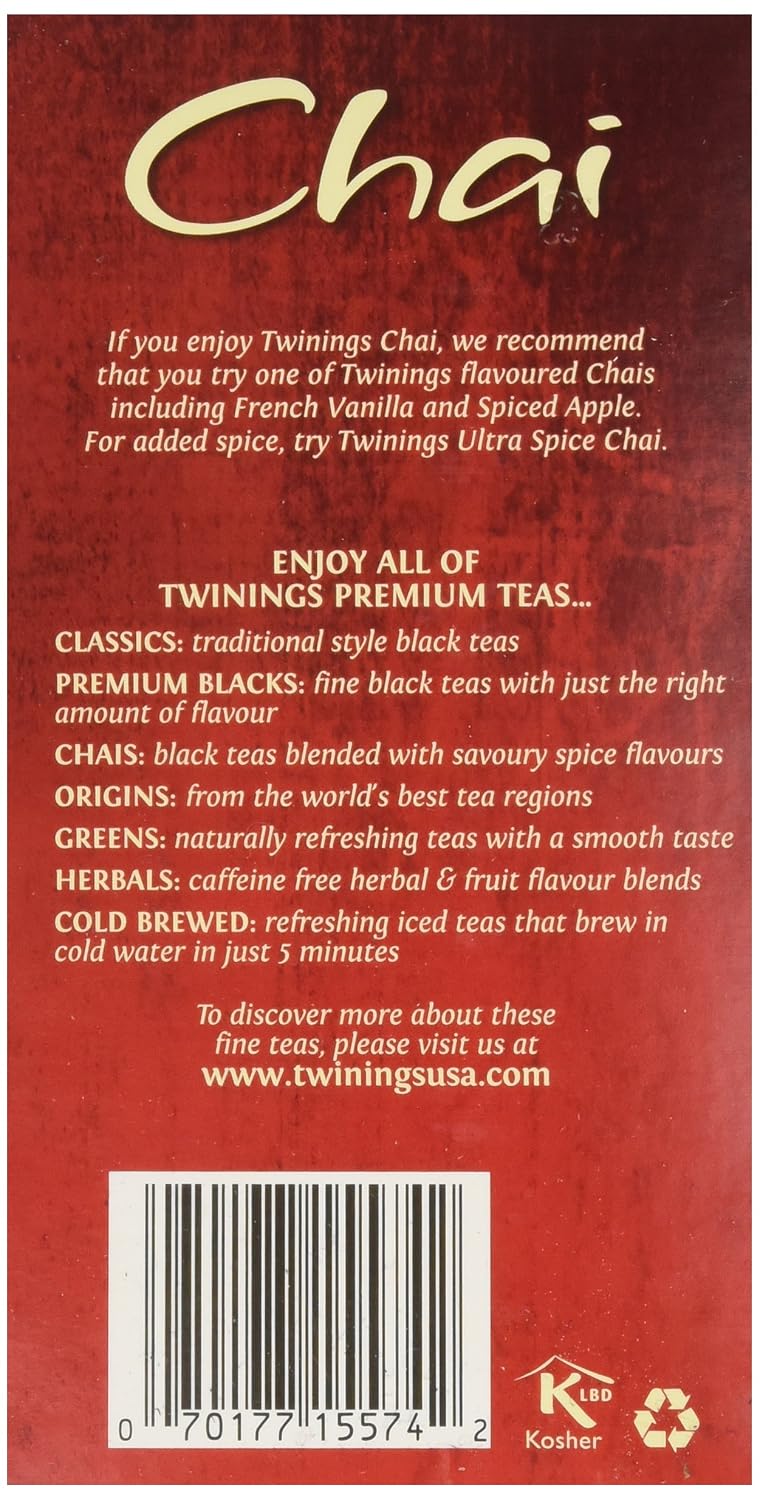 Twinings Chai Black Tea Individually Wrapped Bags, 20 Count (Pack of 2), Sweet, Savoury Spices, Caffeinated, Enjoy Hot or Iced, 20 Teabags