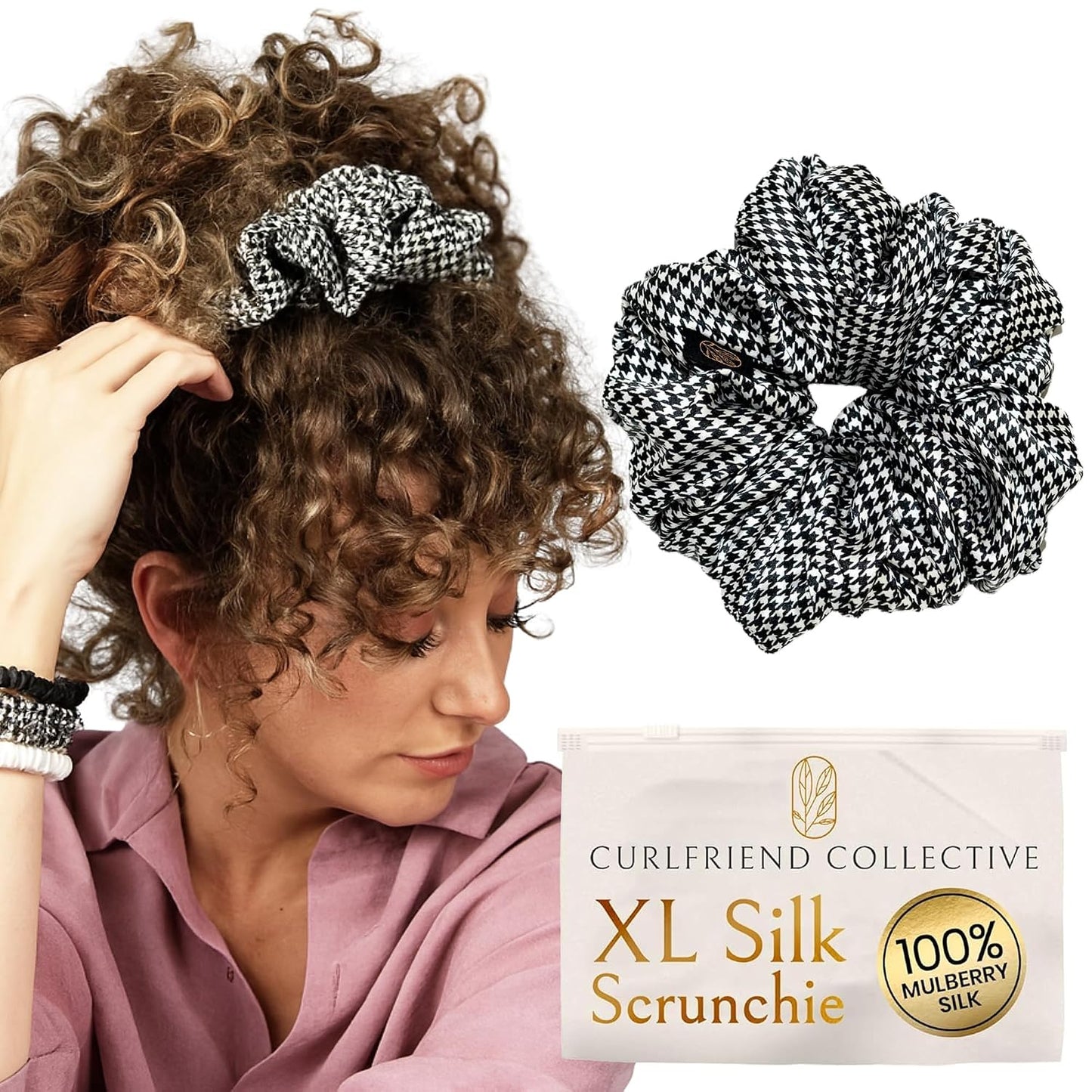 Silk Scrunchies for Women Ponytail Holders – Oversized Mulberry Silk Scrunchies – Extra Large No Damage Hair Ties for Curly, Thick, and Thin - Hair Accessories for Women – Black, XL By Curlfriend