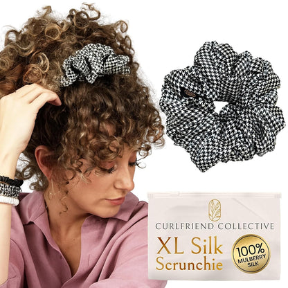 Silk Scrunchies for Women Ponytail Holders – Oversized Mulberry Silk Scrunchies – Extra Large No Damage Hair Ties for Curly, Thick, and Thin - Hair Accessories for Women – Black, XL By Curlfriend