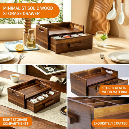 Acacia Wood Tea Bag Organizer Drawer with 12 Compartments, Premium Wooden Tea Box Storage Caddy & Multi Functional Countertop Tea Station