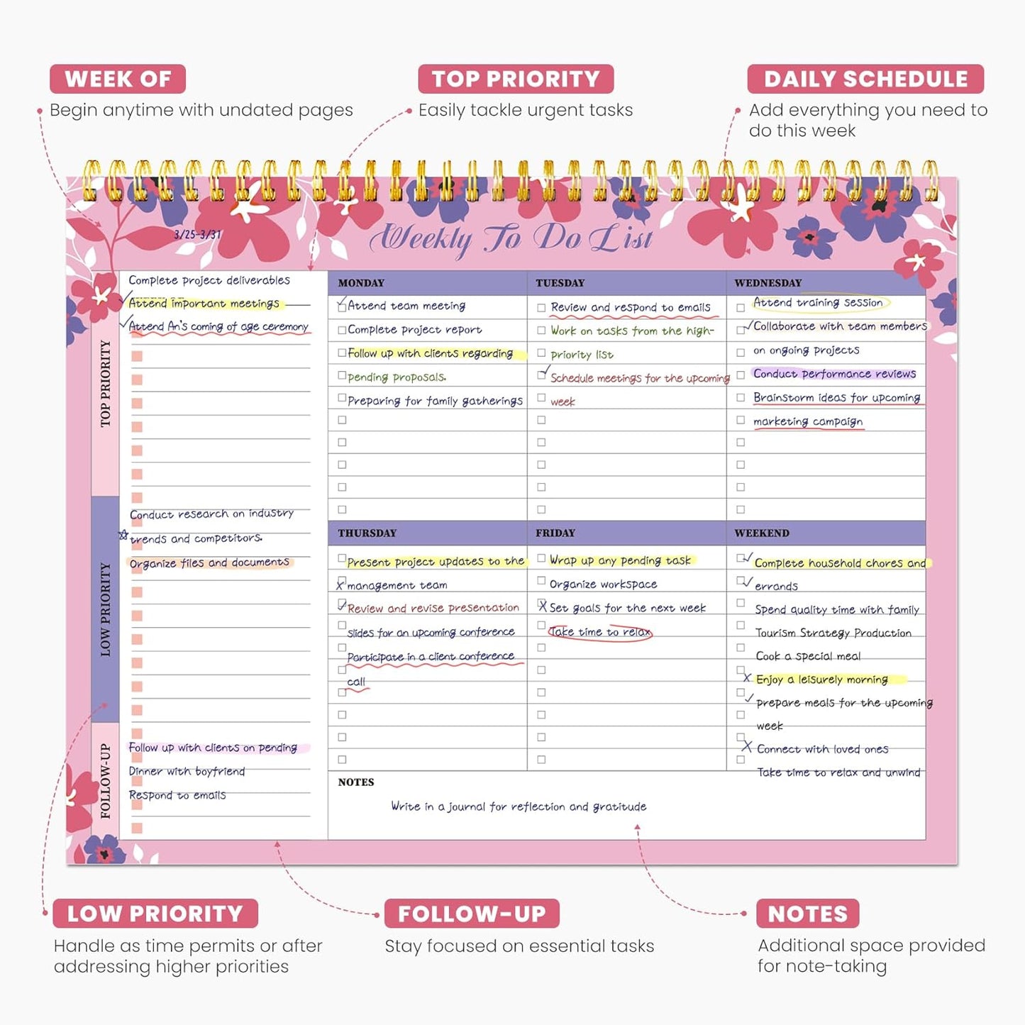 Weekly To Do List Notepad with 52 Undated Sheets（8.5"×11"）- Undated Weekly Planner Notepad for Office Desk Accessories and Supplies - Sunshine Petal