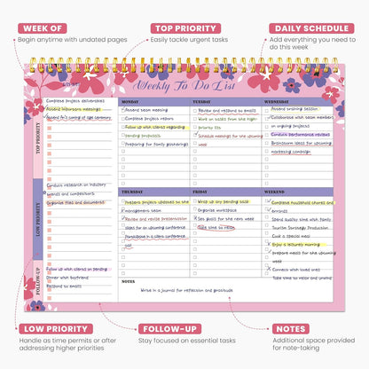 Weekly To Do List Notepad with 52 Undated Sheets（8.5"×11"）- Undated Weekly Planner Notepad for Office Desk Accessories and Supplies - Sunshine Petal