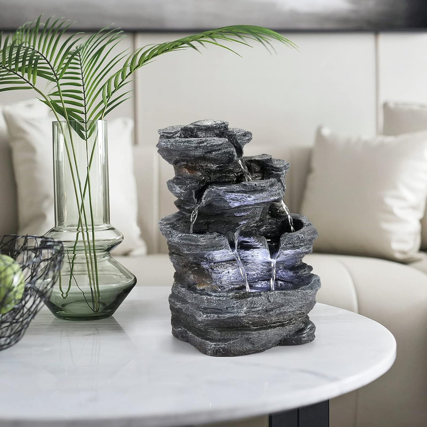 WICHEMI Indoor Fountain Tabletop Fountain Waterfall Fountains Stacked Rocks | Desktop Fountain With LED Light, Soothing Sound, Stress Relief, Humidifies Air, No Plumbing, Easy Setup, 11.8"X8.7"X5.9"