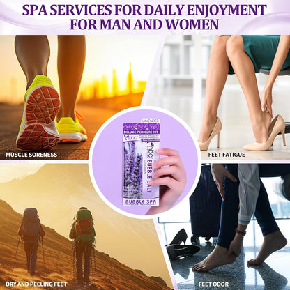 Pedicure Kit Foot Soak Set: Bubble Salt, Sugar Scrub, Massage Mask, Massage Lotion in a Box, 4 Step Foot Spa Kit for Dry Feet, Softens Calluses, Tired Feet（3 Set Lavender) - Colors A