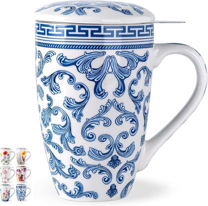 AmorArc 18oz Porcelain Tea Mug with Infuser & Lid, Loose Leaf Tea Cup with Stainless Steel Strainer, Large Coffee Mug Gift for Women, Tea Lovers, Home & Office