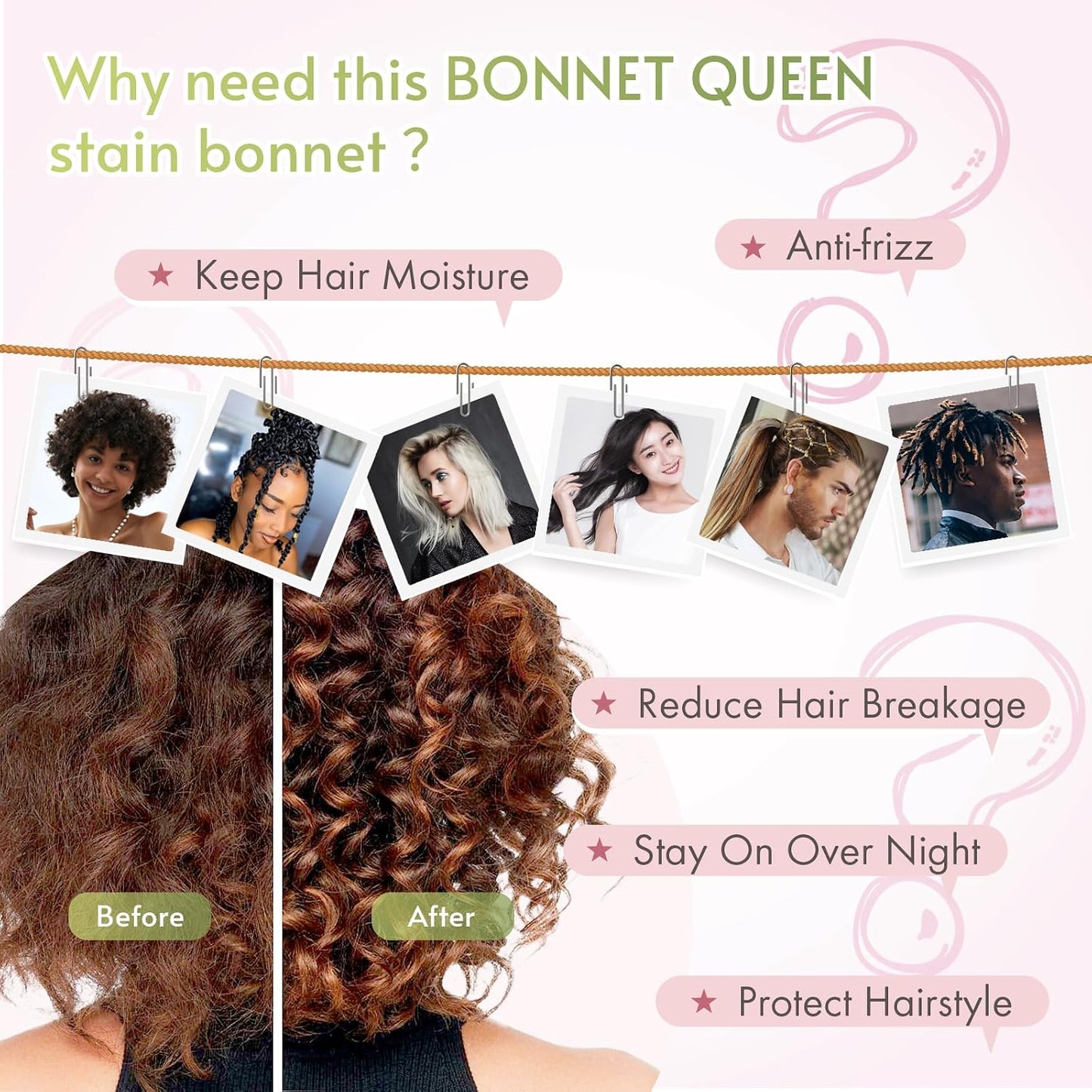 BONNET QUEEN Silk Bonnet for Sleeping for Women Satin Bonnet Night Cap for Curly Hair with Tie Band, Single Layer, Cream Pink