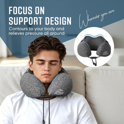 SkytraxComf® Travel Neck Pillow with Hood for Privacy on Long Flights | Memory Foam | Airplane Sleep | Safety-Tested Materials | Extra Large Hood | Chin Support | Earplugs | Washable Cover