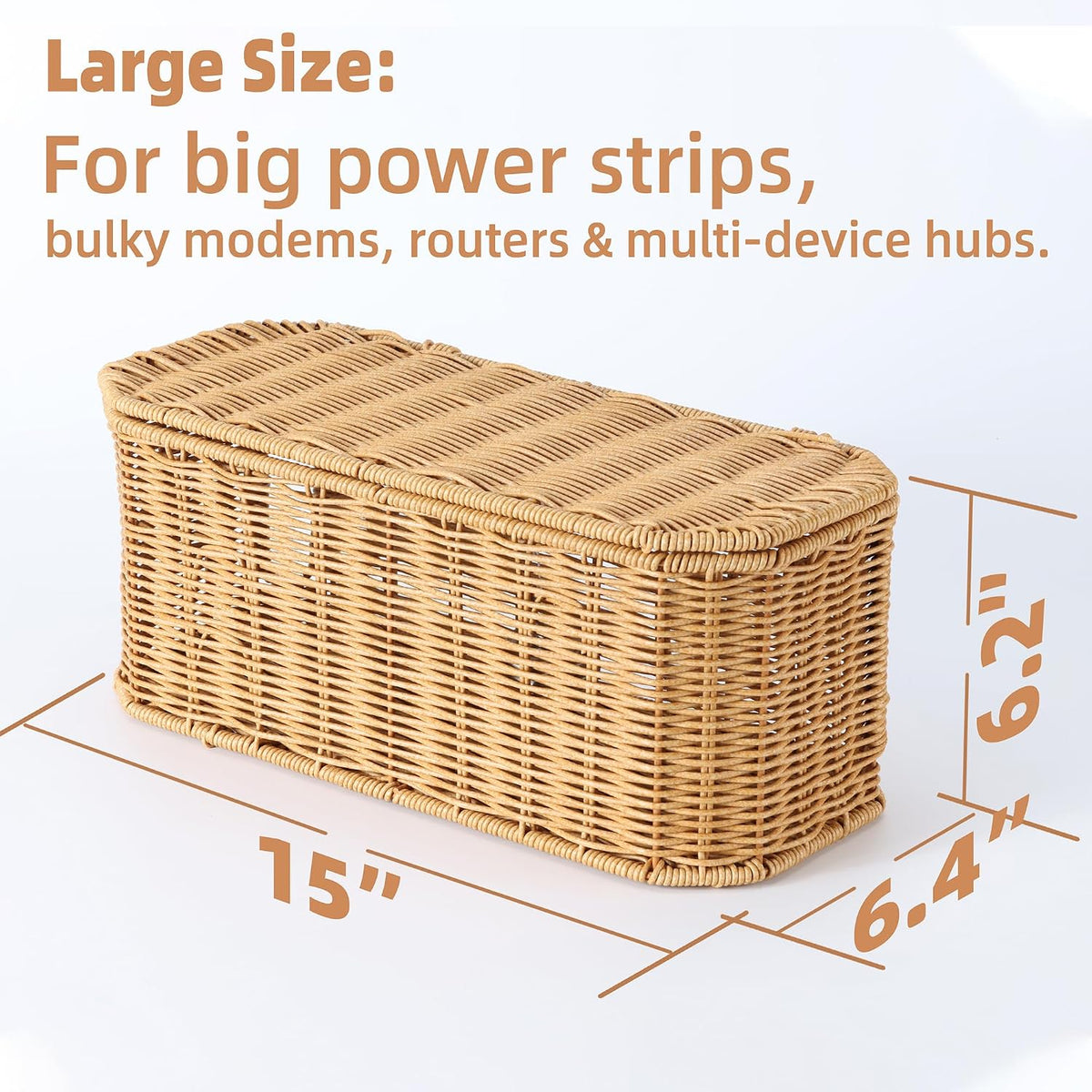 Rattan Cable Management Box, Cord Organizer to Hide Cords & Power Strip