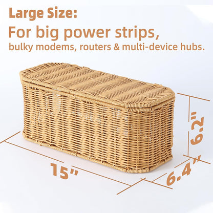Rattan Cable Management Box, Cord Organizer to Hide Cords & Power Strip