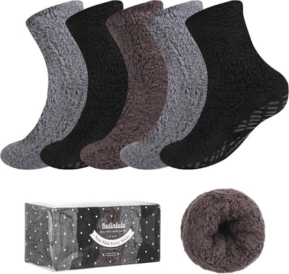 Bulinlulu Fuzzy Socks With Grips for Women, 5 Pairs Non Slip Sleep Warm Fluffy Slipper Socks Gifts for Women
